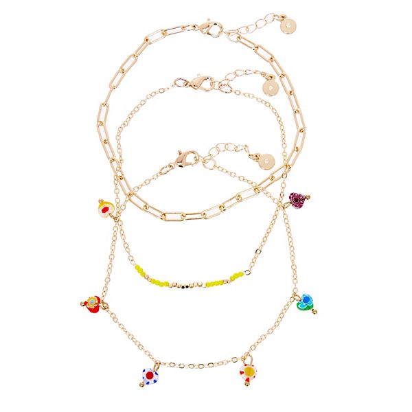 LC Lauren Conrad Gold Tone Yellow Beaded & Heart Charm Anklet Set of 3