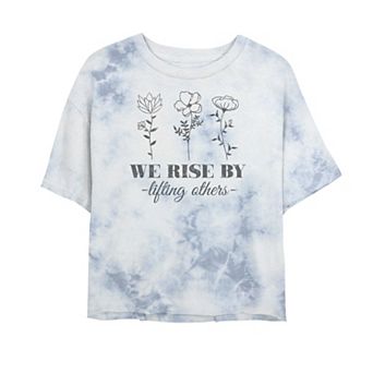 Juniors' "We Rise By Lifting Others" Floral Stamp Bombard Wash Cropped Tee
