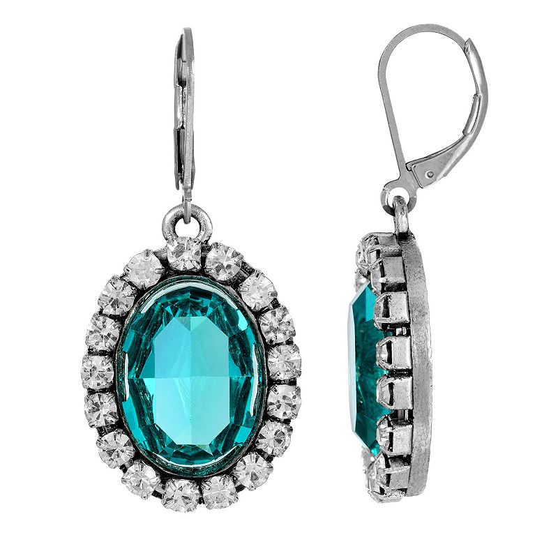 1928 Silver Tone Crystal Oval Halo Drop Earrings, Womens, Blue