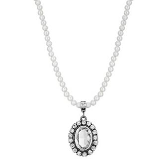 1928 Silver Tone Simulated Pearl Oval Halo Pendant Necklace
