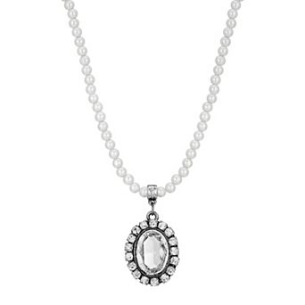 1928 Silver Tone Simulated Pearl Oval Halo Pendant Necklace