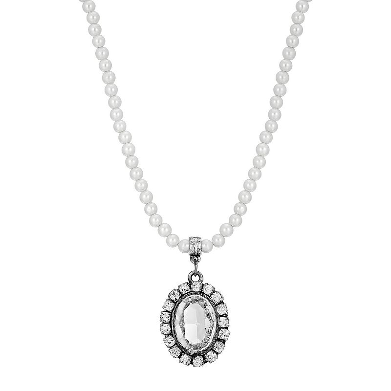 1928 Silver Tone Simulated Pearl Oval Halo Pendant Necklace, Womens, White