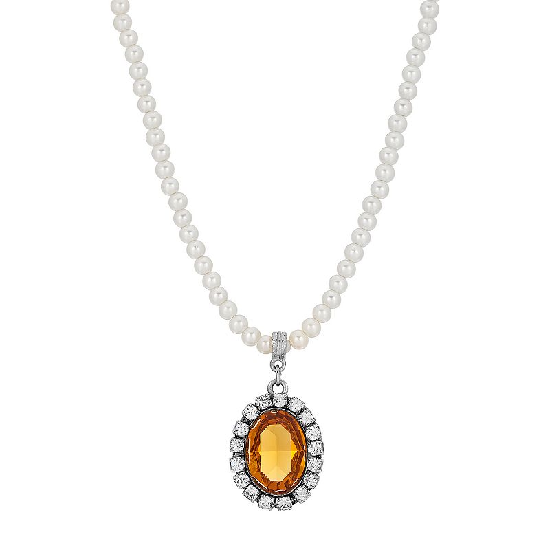 1928 Silver Tone Simulated Pearl Oval Halo Pendant Necklace, Womens, Yello
