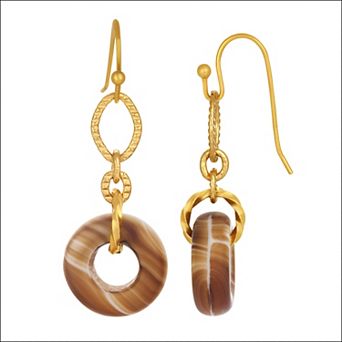 1928 Gold Tone Link Glass Open Circle Drop Earrings