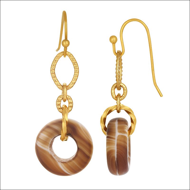 1928 Gold Tone Link Glass Open Circle Drop Earrings, Womens, Brown