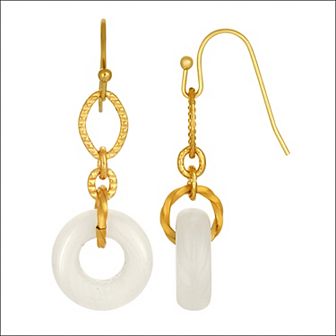 1928 Gold Tone Link Glass Open Circle Drop Earrings