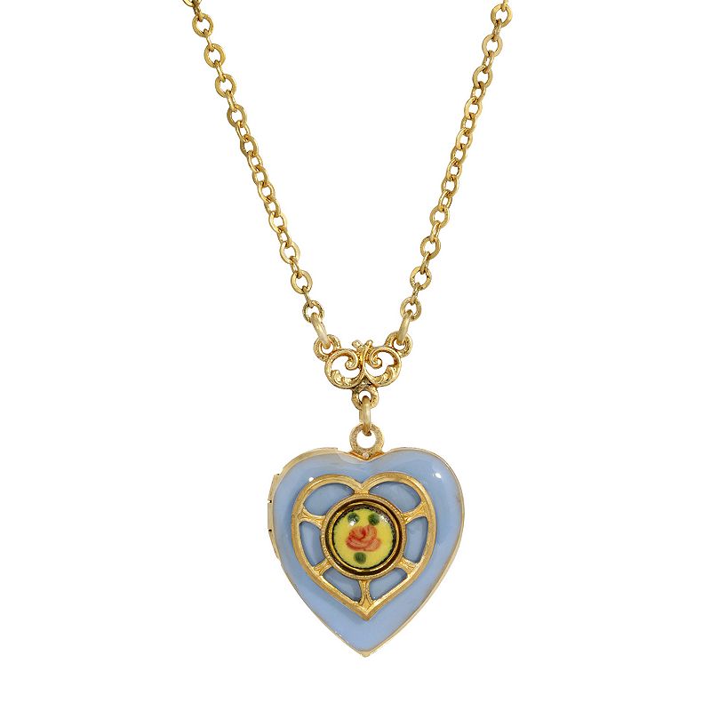 48722354 1928 Gold Tone Enamel Floral Heart Locket Necklace sku 48722354