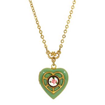 1928 Gold Tone Enamel Floral Heart Locket Necklace