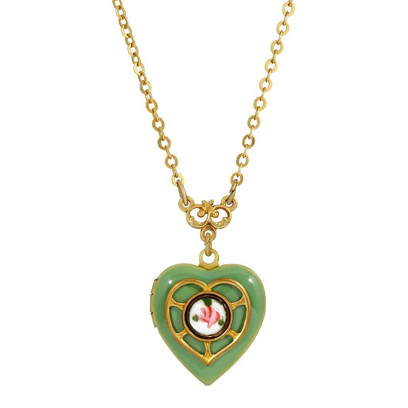 1928 Gold Tone Enamel Floral Heart Locket Necklace, Womens, Green