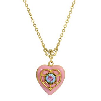 1928 Gold Tone Enamel Floral Heart Locket Necklace