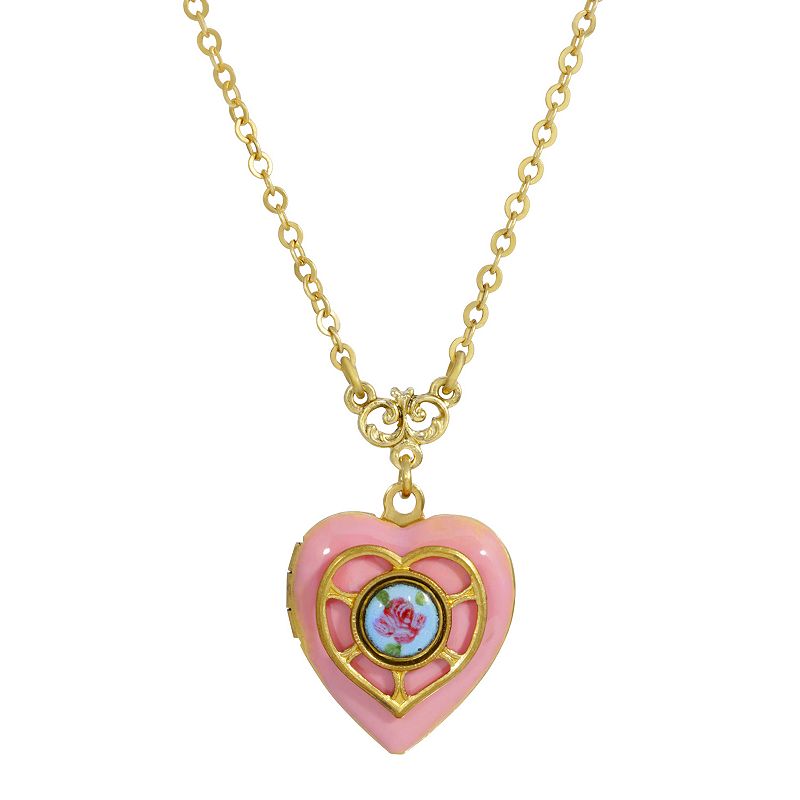 1928 Gold Tone Enamel Floral Heart Locket Necklace, Womens, Pink