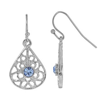 1928 Pewter Round Color Crystal Filigree Teardrop Earrings