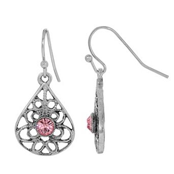 1928 Pewter Round Color Crystal Filigree Teardrop Earrings