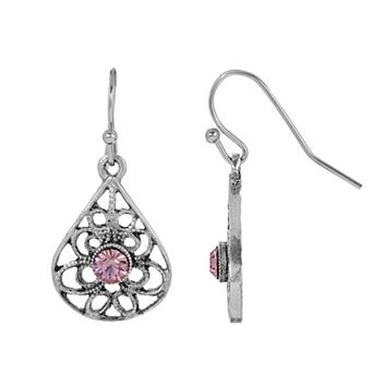 1928 Pewter Round Color Crystal Filigree Teardrop Earrings