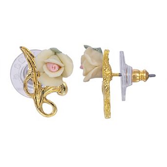 1928 Gold Tone Porcelain Rose Post Earrings