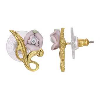 1928 Gold Tone Porcelain Rose Post Earrings