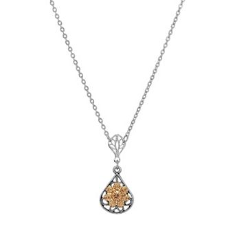 1928 Pewter Crystal Flower Teardrop Pendant Necklace