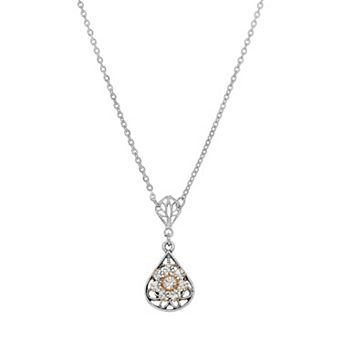 1928 Pewter Crystal Flower Teardrop Pendant Necklace