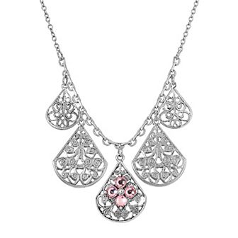 1928 Pewter Crystal Flower Filigree Teardrop Statement Necklace