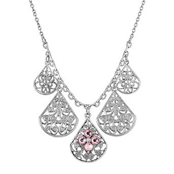 1928 Pewter Crystal Flower Filigree Teardrop Statement Necklace