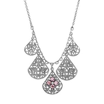 1928 Pewter Crystal Flower Filigree Teardrop Statement Necklace