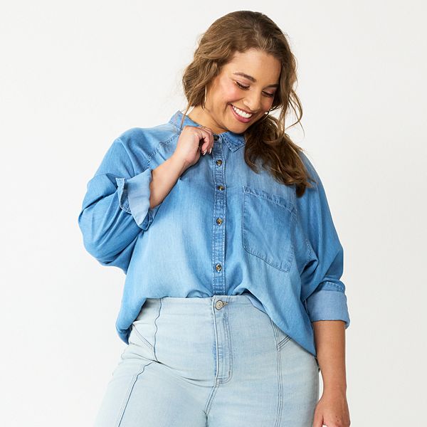 Juniors' Plus Size SO® Long Sleeve Button Down Shirt