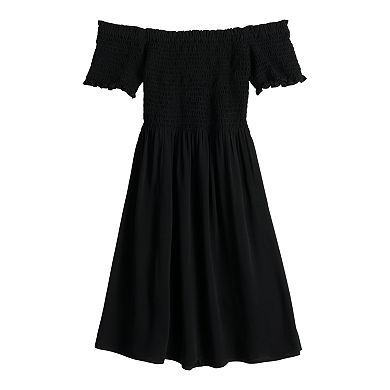 Juniors' Rewind Smocked Off-The-Shoulder Skater Dress