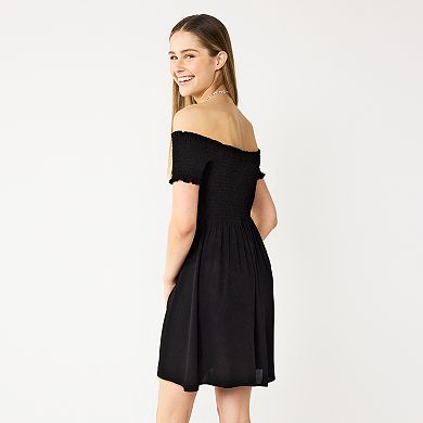 Juniors' Rewind Smocked Off-The-Shoulder Skater Dress