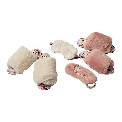 Dearfoams Louise Faux Fur Cross Band Women's Slide Slippers with Sleep Mask