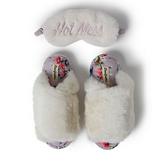 Dearfoams Louise Faux Fur Cross Band Women's Slide Slippers with Sleep Mask