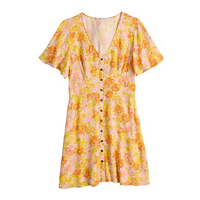 Juniors' Rewind Button Front Flutter Sleeve Skater Dress