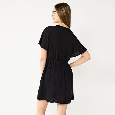 Juniors' Rewind Button Front Flutter Sleeve Skater Dress