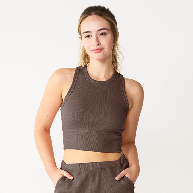 Organic Waffle Vest, Crop Top Button Shirt, sold Brown Woven Cotton Tank