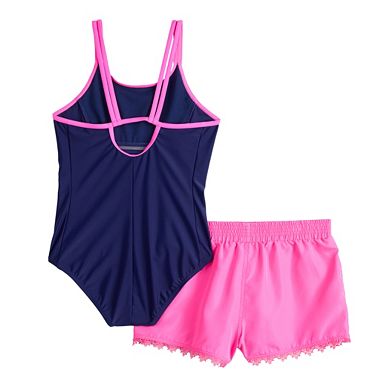 Girls 4-16 ZeroXposur Double Strap One-Piece Swimsuit & Cover-Up Shorts Set