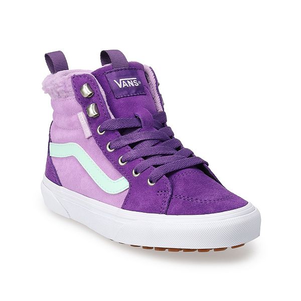 purple and white high top vans