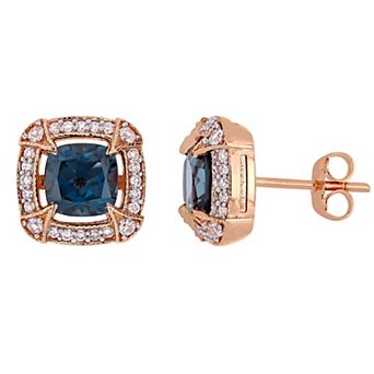 Stella Grace 10k Rose Gold London Blue Topaz, White Sapphire & 1/5 Carat T.W. Diamond Halo Stud Earrings