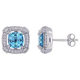 Stella Grace 10k White Gold Swiss Blue Topaz, White Sapphire & 1/5 Carat T.W. Diamond Halo Stud Earrings