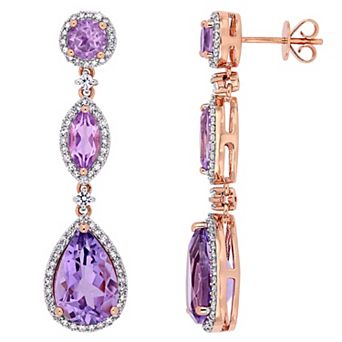 Stella Grace 14k Rose Gold Amethyst, Rose de France Amethyst, White Sapphire & 5/8 Carat T.W. Diamond Teardrop Dangle Earrings