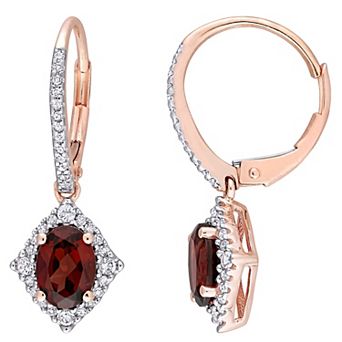 Stella Grace 10k Rose Gold Garnet, White Sapphire & 1/5 Carat T.W. Diamond Halo Leverback Earrings
