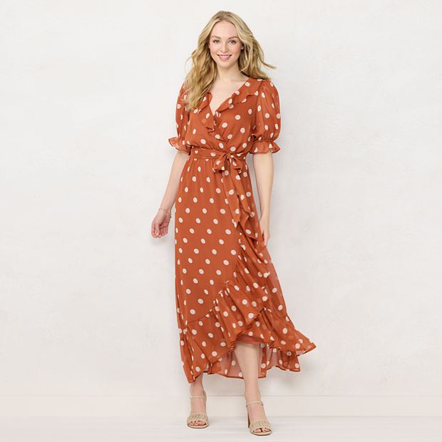 Sexy Satin Dress - Brown Polka Dot Wrap Dress - Ruffled Dress - Lulus