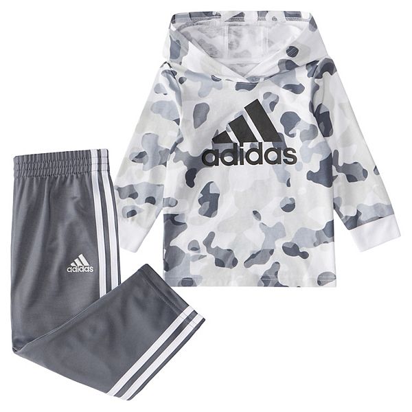 Baby Boy adidas Gray Camo Print Logo Graphic Hooded Tee & 3Stripe