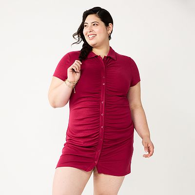 Juniors Plus Size SO Ruched Button Down Bodycon Dress