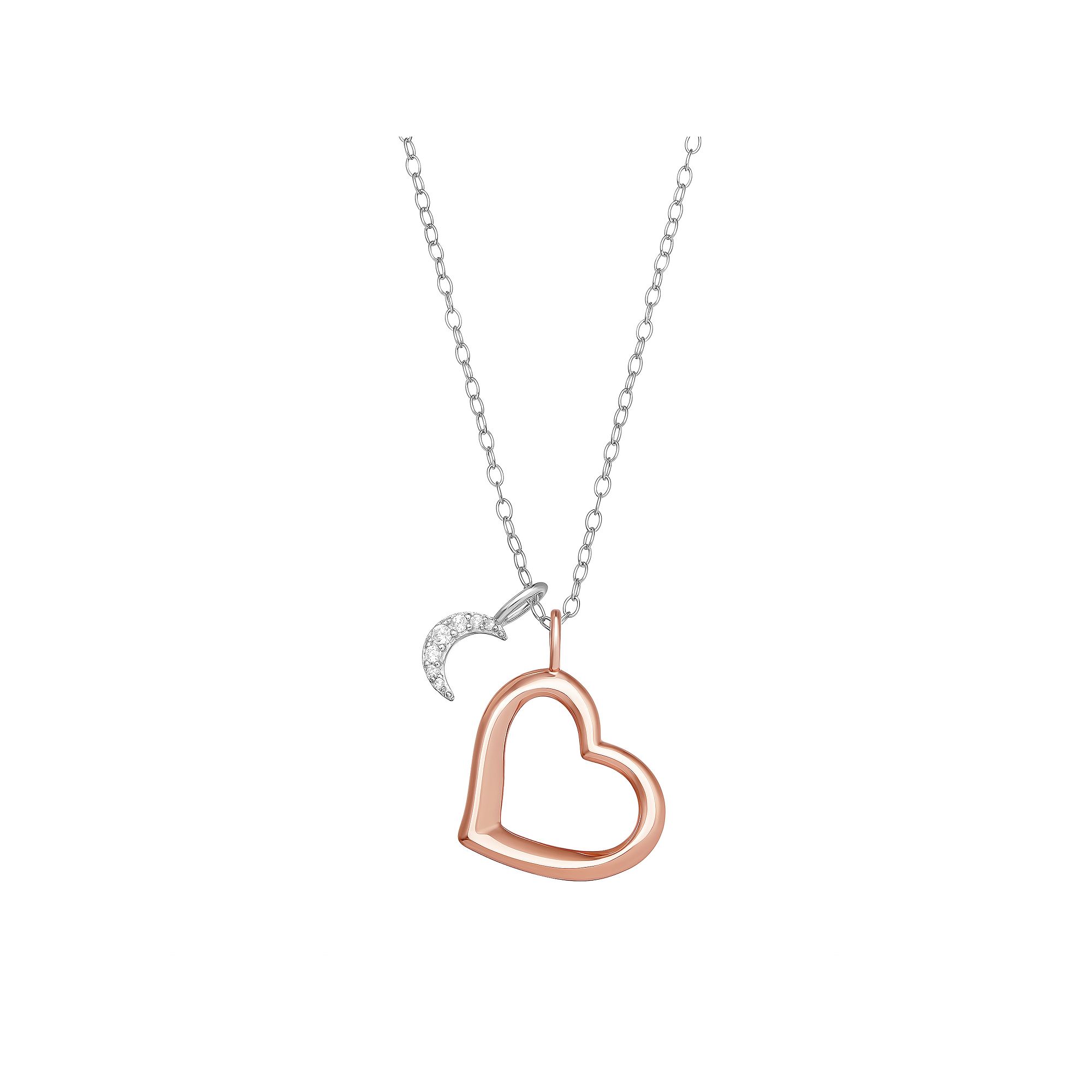 PRIMROSE Sterling Silver Cubic Zirconia Moon & Polished Open Heart Pendant 