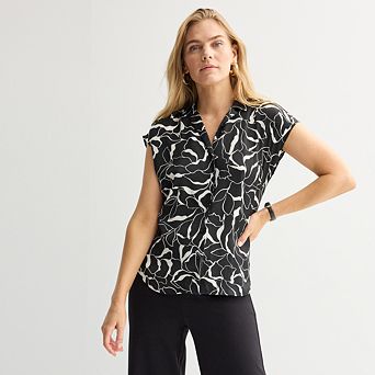 Women's Petite Nine West Short Sleeve Easy Lapel Shirt