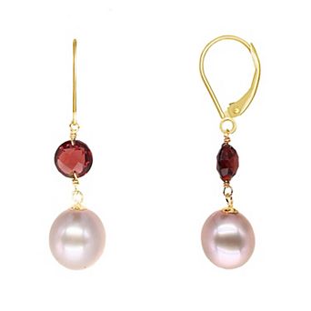 Jewelmak 14k Gold Garnet Dyed Pink Freshwater Cultured Pearl Leverback Earrings