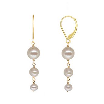 Jewelmak 14k Gold White Freshwater Cultured Pearl Graduated Drop Leverback Earrings
