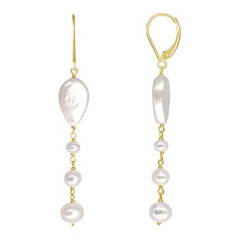 Jewelmak 14k Gold White Freshwater Cultured Pearl Dangle Leverback Earrings
