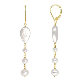 Jewelmak 14k Gold White Freshwater Cultured Pearl Dangle Leverback Earrings