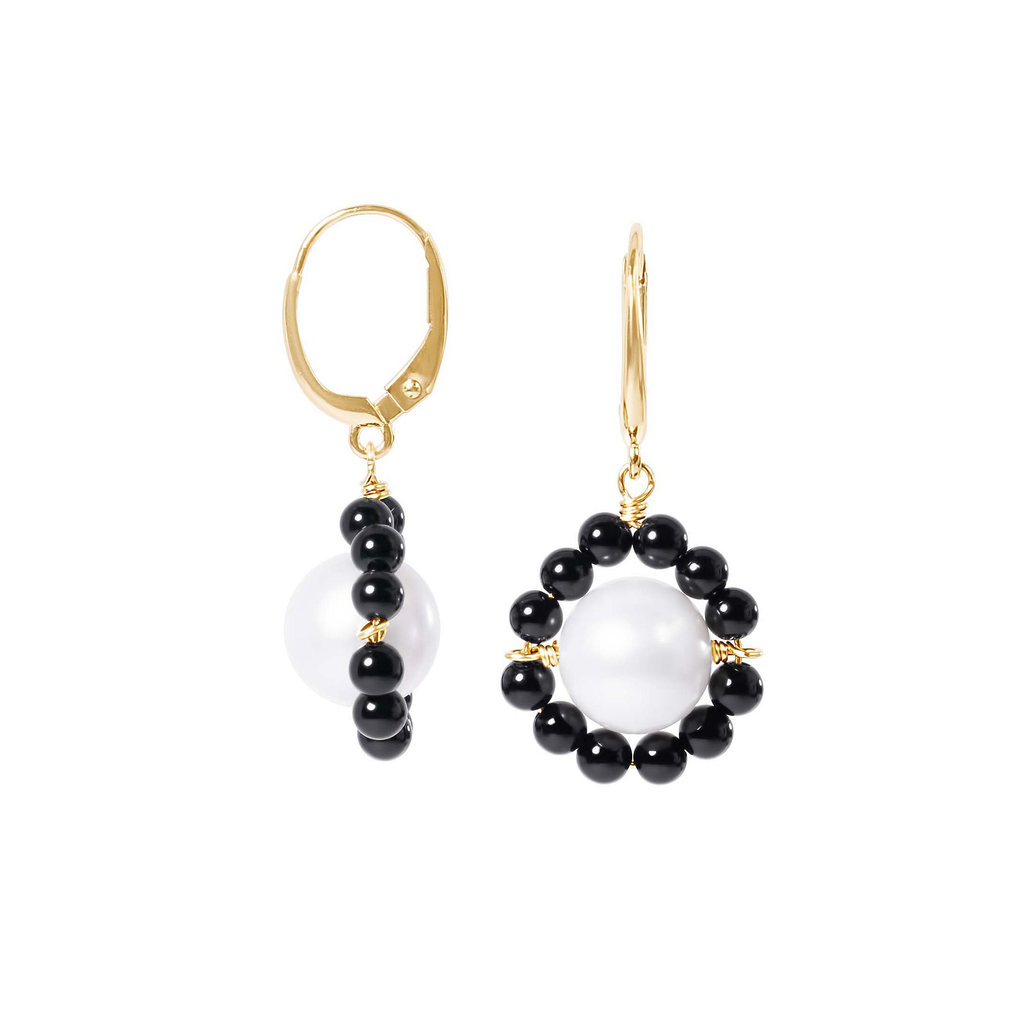 Jewelmak 14k Gold Freshwater Cultured Pearl & Black Onyx Flower Leverback E