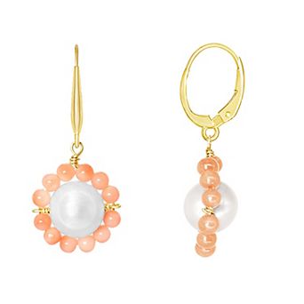 Jewelmak 14k Gold Freshwater Cultured Pearl & Pink Coral Flower Leverback Earrings